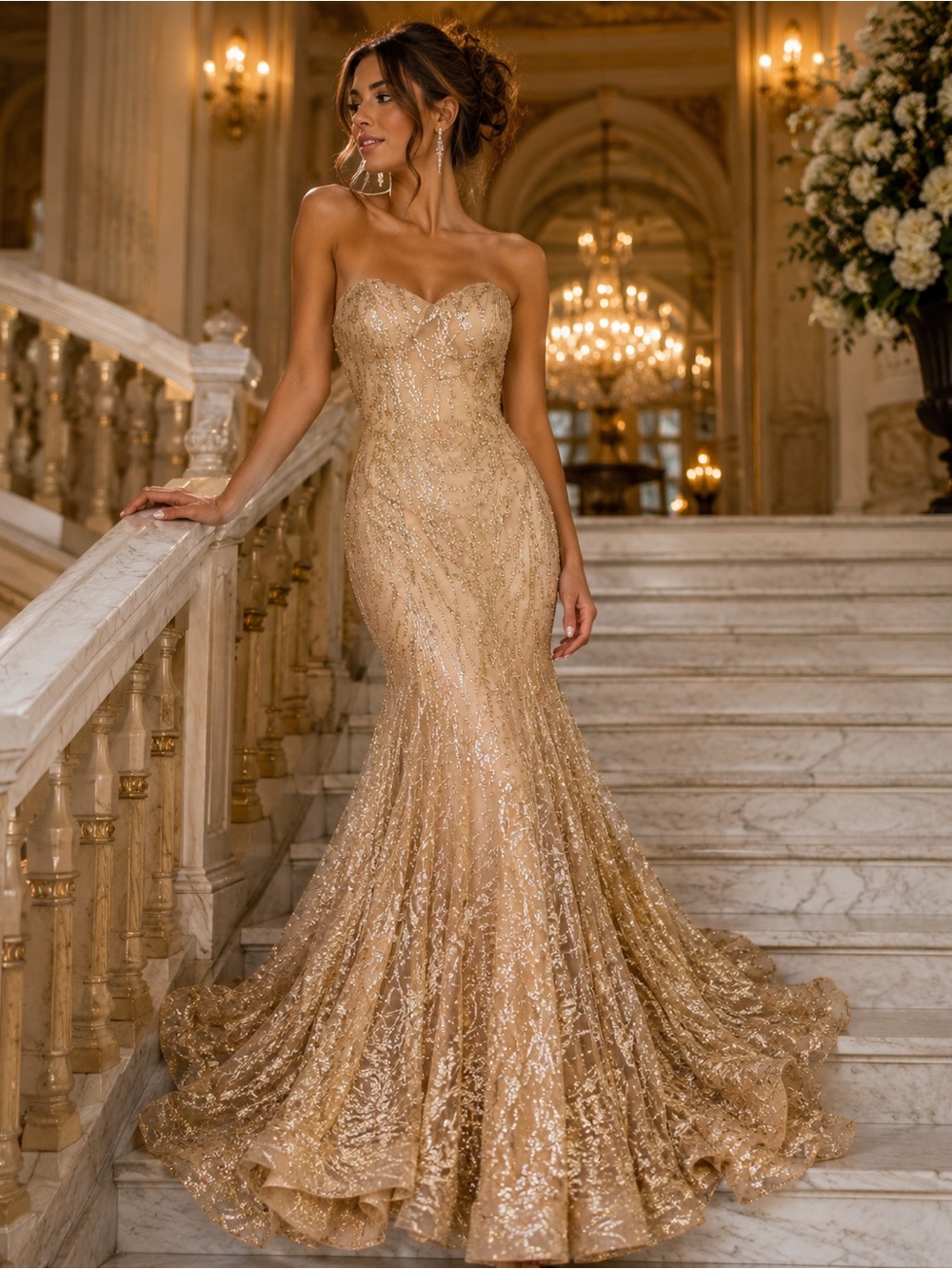 Ellie Wilde Mon Cheri Strapless Gold Glitter Mermaid Prom Gown Ball Formal 8
